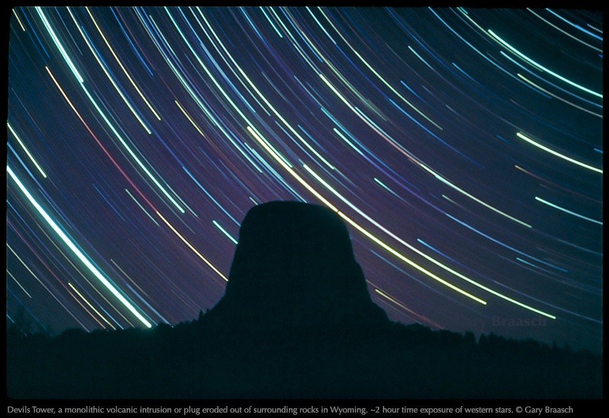 Two Hour exposure of stars over Devils Tower WY 1983
